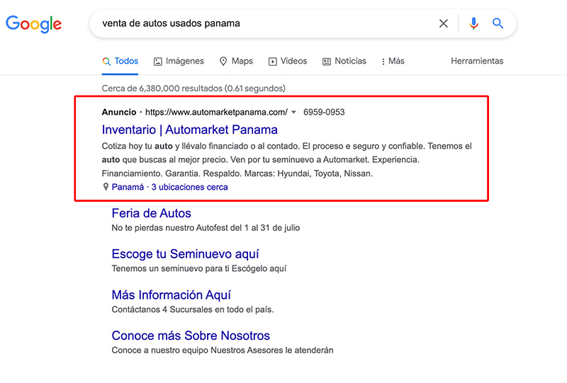 Ejemplo de SEM - Resultado de búsqueda pagado (de pago) en Google - Leon Kadoch, Agencia de Marketing Digital en Panamá y Latam
