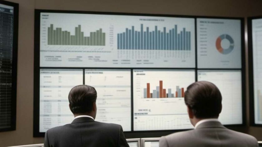 Dos personas vestidas elegantemente frente a una serie de pantallas de computadora analizando estadísticos, gráficos y datos de marketing para una empresa inmobiliaria en el ambiente digital - Leon Kadoch, consultor de marketing en Panamá