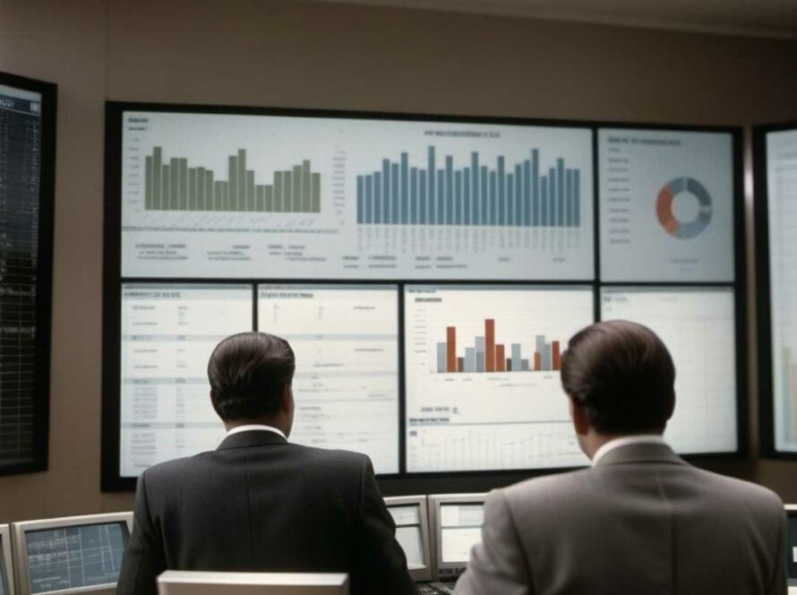 Dos personas vestidas elegantemente frente a una serie de pantallas de computadora analizando estadísticos, gráficos y datos de marketing para una empresa inmobiliaria en el ambiente digital - Leon Kadoch, consultor de marketing en Panamá