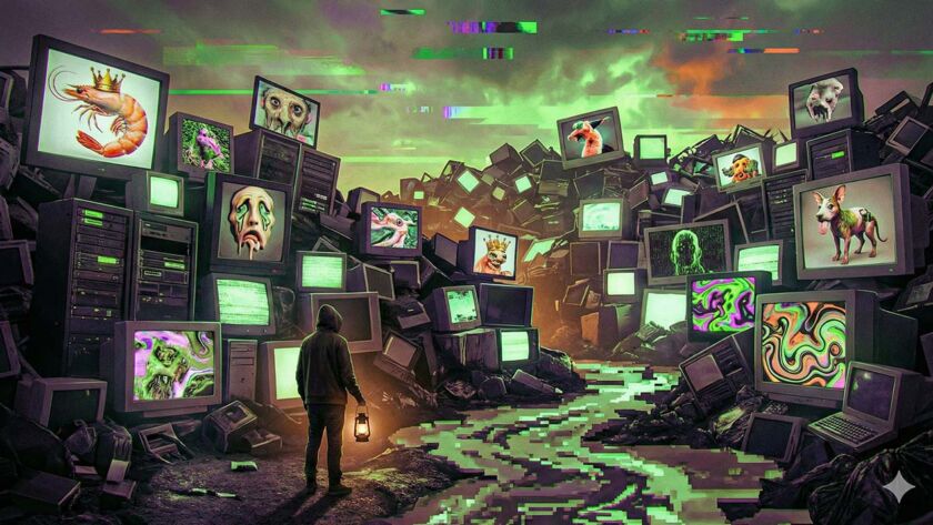 Ilustración conceptual de SLOP digital: montañas de monitores viejos mostrando imágenes grotescas generadas por IA y ruido visual. - Leon Kadoch - Consultor de Comunicación y Marketing Panamá