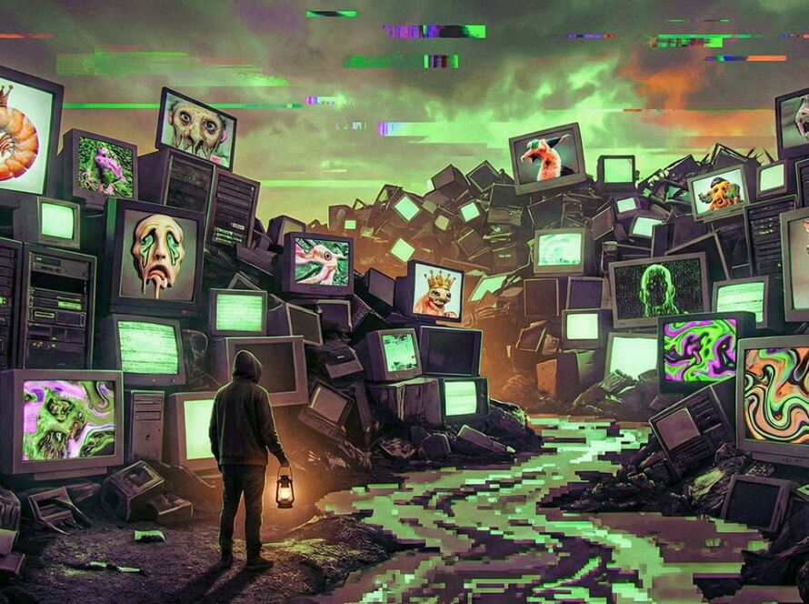 Ilustración conceptual de SLOP digital: montañas de monitores viejos mostrando imágenes grotescas generadas por IA y ruido visual. - Leon Kadoch - Consultor de Comunicación y Marketing Panamá