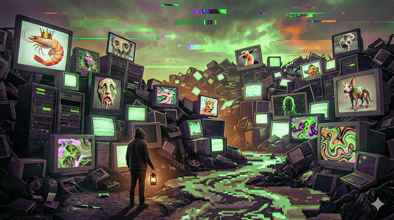 Ilustración conceptual de SLOP digital: montañas de monitores viejos mostrando imágenes grotescas generadas por IA y ruido visual. - Leon Kadoch - Consultor de Comunicación y Marketing Panamá